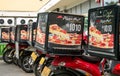 Bucharest/Romania - 06.22.2020: Pizza-Hut delivery motorcycles parked in front of the Pizza-Hut restaurant, in Bucharest Royalty Free Stock Photo
