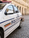 Bucharest/Romania - 10.01.2020: Police car on the street. Romanian police patrolling. Close up