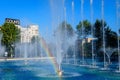 Bucharest, Romania, 4 September 2021: Decorative fountain with small water drops in Unirii Square Piata Unirii in the city Royalty Free Stock Photo