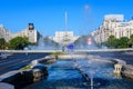 Bucharest, Romania, 4 September 2021: Decorative fountain with small water drops in Unirii Square Piata Unirii in the city Royalty Free Stock Photo