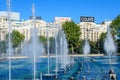 Bucharest, Romania, 4 September 2021: Decorative fountain with small water drops in Unirii Square Piata Unirii in the city Royalty Free Stock Photo