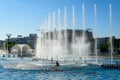 Bucharest, Romania, 4 September 2021: Decorative fountain with small water drops in Unirii Square Piata Unirii in the city Royalty Free Stock Photo