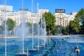 Bucharest, Romania, 4 September 2021: Decorative fountain with small water drops in Unirii Square Piata Unirii in the city Royalty Free Stock Photo