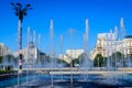 Bucharest, Romania, 4 September 2021: Decorative fountain with small water drops in Unirii Square Piata Unirii in the city Royalty Free Stock Photo