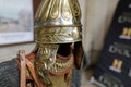 Details with an ancient Dacian replica helmet during a historic reenactment event