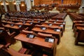 Empty seats in the Romanian Chamber of Deputies inside the Palace of Parliament