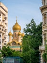 St Nicholas Church is a Russian influenced Orthodox Church in old town of Bucharest. Christian church between buildings and trees