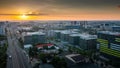 Bucharest, Romania - 2021: Sunrise over the north part of Bucharest in the new area with tall office buildings Royalty Free Stock Photo