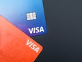 Two Visa credit or debit cards on grey background. Online electronic commerce concept