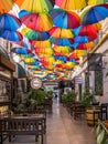 Bucharest/Romania - 09.27.2020: The Victoria Passage in Bucharest decorated with colored umbrellas