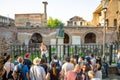 Bucharest, Rumania - 28.04.2018: Group of tourists next to A bust of Vlad Tepes, Vlad the Impaler, the inspiration for