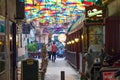 Bucharest, Rumania - 28.04.2018: Rainbow umbrellas roof street in Victory Passage , Bucharest Royalty Free Stock Photo