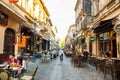 Bucharest, Rumania - 28.04.2018: Tourists in Old Town and Restaurants on Downtown Lipscani Street, one of the most