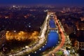 Bucharest skyline at blue hour, Dambovita river, aerial view Royalty Free Stock Photo