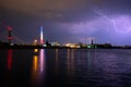 Bucharest skyline with lightning storm , dangerous whether , global warming
