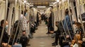 Bucharest subway during Coronavirus crisis. People wearing masks at train interior during covid-19, spring 2021