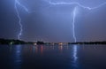 Bucharest summer lightning storm in Herastrau lake Royalty Free Stock Photo
