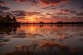 Bucharest sunset cityscape in Herastrau park in autumn time September