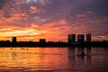 Bucharest sunset on Herastrau lake with kayak , people having relaxing and fun time