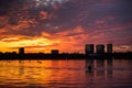 Bucharest sunset on Herastrau lake with kayak , people having relaxing and fun time