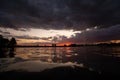 Bucharest sunset in Herastrau park , storm clouds with lake reflection Romania