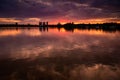 Bucharest sunset in Herastrau park, storm clouds with lake reflection Romania. Silance, relaxing.