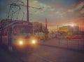 Bucharest 47 tram line view,urban sunrise traffic