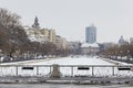 Bridge over Dambovita river and old and new buildings from Bucharest Royalty Free Stock Photo