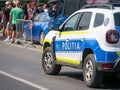 Police car on the street. Romanian police patrolling. Close up Royalty Free Stock Photo