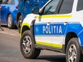 Police car on the street. Romanian police patrolling. Close up