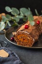 Buche de Noel. Traditional Christmas dessert, Christmas yule log cake with chocolate cream, cranberry. Copy space. Royalty Free Stock Photo