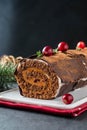 Buche de Noel. Traditional Christmas dessert, Christmas yule log cake with chocolate cream, cranberry. On stone gray Royalty Free Stock Photo