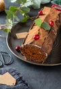 Buche de Noel. Traditional Christmas dessert, Christmas yule log cake with chocolate cream, cranberry. Copy space Royalty Free Stock Photo