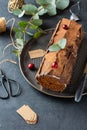 Buche de Noel. Traditional Christmas dessert, Christmas yule log cake with chocolate cream, cranberry. Copy space. Royalty Free Stock Photo