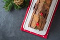 Buche de Noel. Traditional Christmas dessert, Christmas yule log cake with chocolate cream, cranberry. On stone gray background Royalty Free Stock Photo