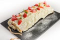 Buche de Noel. Traditional Christmas dessert, Christmas yule log cake. Copy space Royalty Free Stock Photo