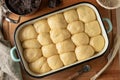 Buchty - Czech sweet buns made of yeast dough - rising in a baking pan
