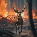 a buck runs through the burned woods towards a camera during an intense wildfire