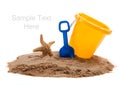 Bucket on beach with blue shovel and starfish