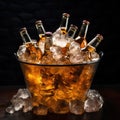 A bucket of beer bottles with ice