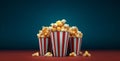 bucket blue food film box cinema background red popcorn reflection corn. Generative AI.