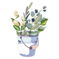 1369 bucket, bouquet of flowers in a bucket, a simple picture, vector illustration, isolate on a white background