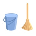 Bucket and broom. Pail with handle and besom with stick. Housework tools for cleaning garbage in the house. Cleaning