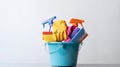 Bucket with brushes, gloves, natural sponges and cleaning products on a white background. The concept of cleaning the Royalty Free Stock Photo