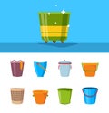 Bucket cartoon. Plastic wooden and metallic empty containers with handles vector illustrations set