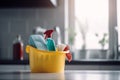 Bucket cleaning items housework. Generate Ai