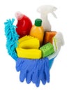 Bucket with cleaning items, top view