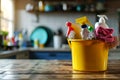 Bucket with cleaning items on wooden table