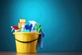 Bucket with cleaning products on the table on a blue background Royalty Free Stock Photo