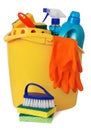 Bucket with cleaning supplies Royalty Free Stock Photo